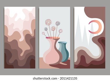 Abstract vector illustration in warm colors, abstract waves, vector vases, picture with night landscape, vector poster