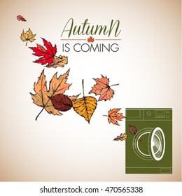 Abstract vector illustration of washing machine and leaves.