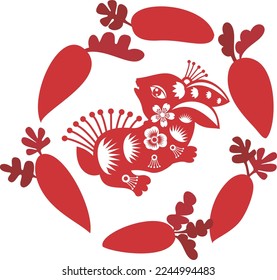 An abstract vector illustration of the Water rabbit around carrots for the Chinese New Year 2023