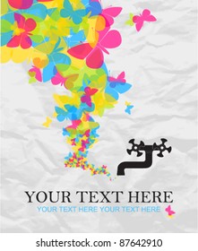 Abstract vector illustration with water tap and butterflies. Place for your text.