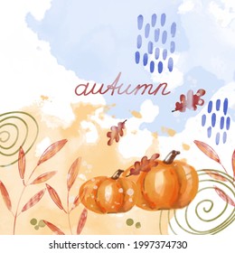 Ilustración del vector abstracto en la técnica de acuarela. Calabaza temática de otoño, lluvia, hojas en formato digital con una copia del espacio.