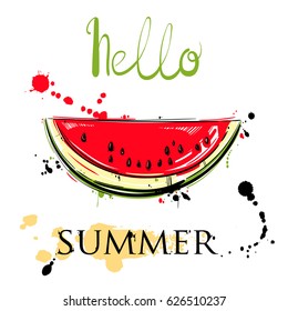 Abstract vector illustration with watermelon slices. Hello summer. Background for design of postcard, banner, poster