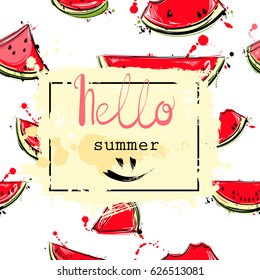 Abstract vector illustration with watermelon slices. Hello summer. Background for design of postcard, banner, poster,