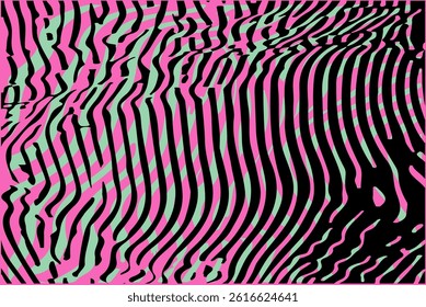 Abstract vector illustration with wavy black lines forming an optical illusion over green and pink shapes, creating a dynamic, modern, and psychedelic visual effect.