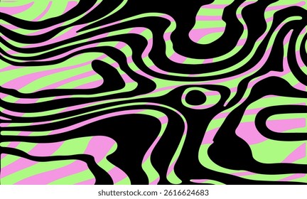 Abstract vector illustration with wavy black lines forming an optical illusion over green and pink shapes, creating a dynamic, modern, and psychedelic visual effect.