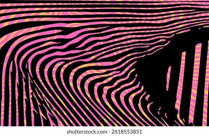 Abstract vector illustration with wavy black, pink, and orange lines creating a flowing, zebra-like pattern. Modern and vibrant design ideal for backgrounds or fashion projects.

