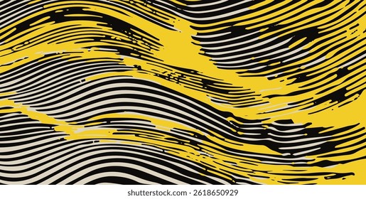 Abstract vector illustration with wavy black and beige lines and dynamic yellow streaks, creating a sense of movement and fluidity in a modern, artistic pattern.