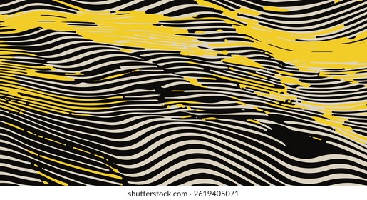 Abstract vector illustration with wavy black and beige lines and dynamic yellow streaks, creating a sense of movement and fluidity in a modern, artistic pattern.