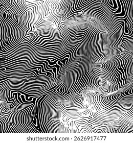 Abstract vector illustration with wavy black and white lines forming fluid patterns. Perfect for modern backgrounds, graphic design, and contemporary art projects.