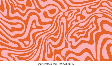 Abstract vector illustration with wavy, curved pink and red lines forming a dynamic, fluid pattern. The design creates a hypnotic, optical illusion effect, ideal for modern digital print in Y2K style.