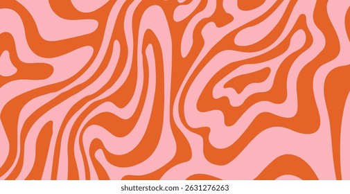 Ilustração vetorial abstrata com linhas onduladas, curvas rosa e vermelha formando um padrão fluido dinâmico. O design cria um efeito hipnótico, ilusão óptica, ideal para impressão digital moderna no estilo Y2K.