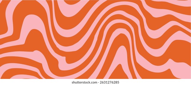 Ilustração vetorial abstrata com linhas onduladas, curvas rosa e vermelha formando um padrão fluido dinâmico. O design cria um efeito hipnótico, ilusão óptica, ideal para impressão digital moderna no estilo Y2K.