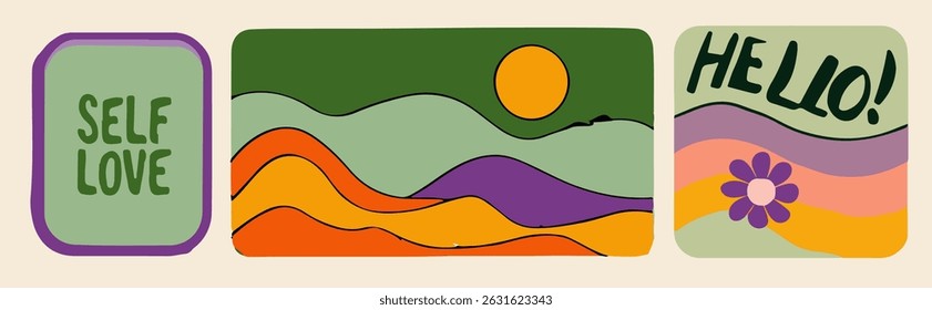 Abstract vector illustration with wavy lines, sun, flower, bold “self love” and “hello” text in retro 70s hand-drawn flat style. Modern vintage aesthetic.
