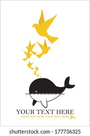 Abstract vector illustration of whale and birds.