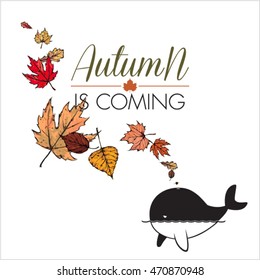 Abstract vector illustration of whale  and leaves.