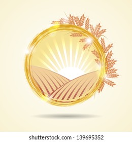 Abstract vector illustration of a wheat field at sunset. Vector banner with ears