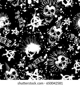 Abstract vector illustration white punk skull with mohawk hair and symbol anarchy on black backdrop. Inscription punk. Seamless grunge background . Design for print on fabric or t-shirt.