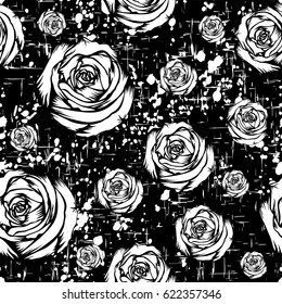 Abstract vector illustration white roses on black backdrop. Seamless grunge background for print on fabric or t-shirt.