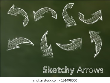 Abstract vector illustration of white sketchy arrows on a green blackboard