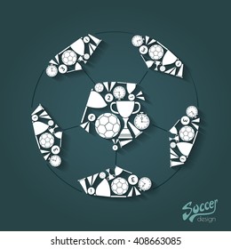 Abstract vector illustration of white soccer ball with football items on navy background
