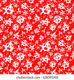 Abstract vector illustration white symbol anarchy on red backdrop seamless background. For print on textile or wallpaper.