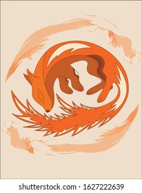 Abstract vector illustration of a wild, red, cute fox with a fluffy tail nd little paws, that was born in an autumn spirit.