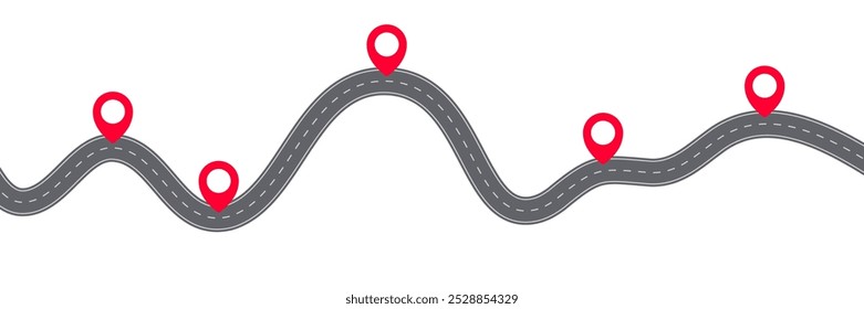 Ilustración vectorial Abstractas de la infografía de carretera de asfalto de curva sinuosa aislada sobre un fondo blanco. Ubicación de la vía, carretera, dirección, transporte, pinpointer, Plantilla de concepto de línea de tiempo