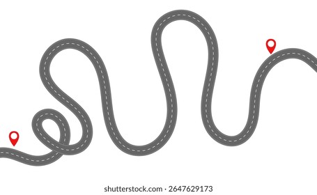 Ilustración vectorial Abstractas de una sinuosa infografía de carretera de asfalto curvada, aislada sobre un fondo blanco. Representa la navegación, las autopistas, la dirección, el transporte, los puntos y el concepto de línea de tiempo t