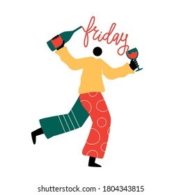 Resumen de ilustración vectorial con vino y letras palabra viernes. Gracioso diseño de impresión de celebraciones de fiestas con caricatura humana, plantilla de tarjeta de saludo