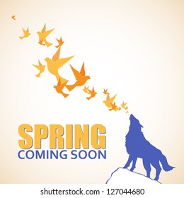 Abstract vector illustration of wolf and birds.