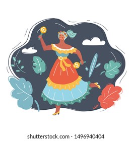 abstract vector illustration of woman dancing with maracas on dark.