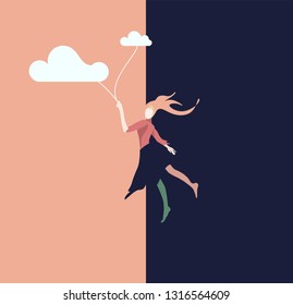 Abstract vector illustration of a woman flying through the sky with clouds, lifestyle, white and black