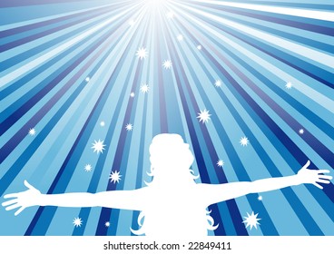 Abstract vector illustration of a woman with her arms out looking at the sky