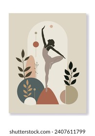 Abstract vector illustration  with a woman meditating in tree pose. For covers, brochure, banners, flyers and other projects about yoga and relax outside. For web and printing.
