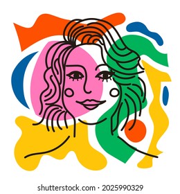 Abstract vector illustration with woman portrait. Trendy colored print design, home decoration poster