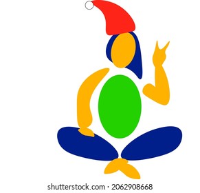 abstract vector illustration of a woman sitting in a lotus position, a Christmas cap is put on the woman's head
