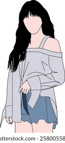An abstract vector illustration of a woman wearing a casual outfit including an off-shoulder top and denim shorts, featuring a minimalist design style.