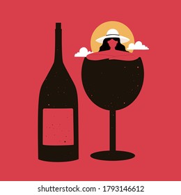 Abstract vector illustration with woman, wineglass and wine bottle. Trendy print design, bar wall decoration poster, vacation concept art