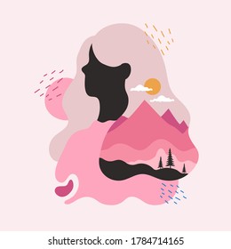 Abstract vector illustration with woman's portrait, moutain landscape and black trees. Modern trendy female minimal print design, collage graphic art