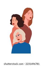 Abstract vector illustration of women coming together in friendship with solidarity and brotherhood of different nationalities.