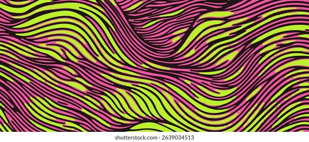 Abstract vector illustration in Y2K style, featuring wavy organic shapes in neon pink, lime green, and black. This trendy modern design uses bold, fluid lines and vibrant, energetic color palettes.