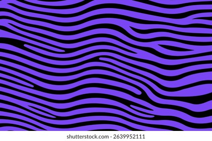 Abstract vector illustration in Y2K style: vibrant purple wavy zebra-like stripes on a black background. This bold, organic pattern fits the lively, trending look in fashion and graphic design.