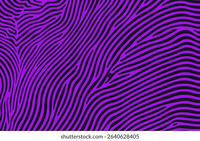Abstract vector illustration in Y2K style: vibrant purple wavy zebra-like stripes on a black background. This bold, organic pattern fits the lively, trending look in fashion and graphic design.