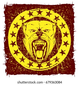 Abstract vector illustration yellow aggressive snarling dog on grunge background. Head of dog breed pit bull with open mouth. 