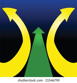 Abstract vector illustration with yellow arrows pointing sideways and green arrow pointing straight ahead