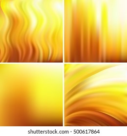 Abstract vector illustration of yellow background with blurred light lines. Set of four square backgrounds. Curved lines.