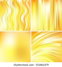 Abstract vector illustration of yellow background with blurred light lines. Set of four square backgrounds. Curved lines. Yellow,  white colors