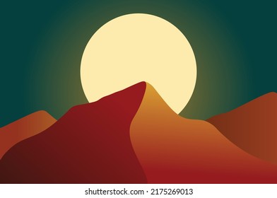 Abstract vector illustration of a yellow moon in the mountains. on the background of mountain scenery gradient silhouettes on the background of the mountains