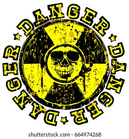 Abstract vector illustration yellow round stamp with radioactivity sign and inscription in circle danger. In center of radiation symbol grunge skull