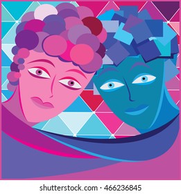 Abstract vector illustration of young couple. Woman and man with unusual hair. Couple in love. 